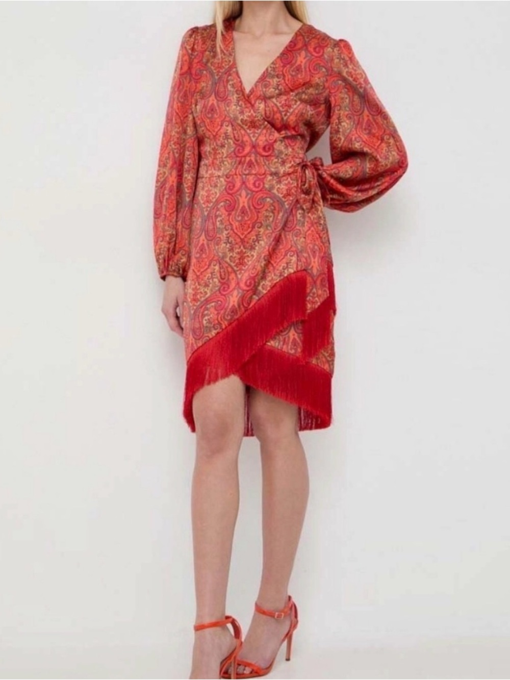 Marciano by Guess Orange Paisley Wrap Dress with Fringe Trim